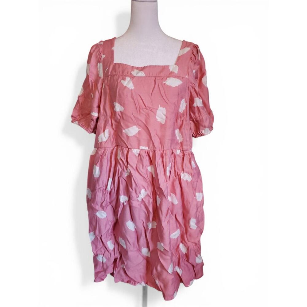 Loft Pink White Patterned Square Neck Babydoll Mini Dress Women's Size Large - Picture 2 of 9